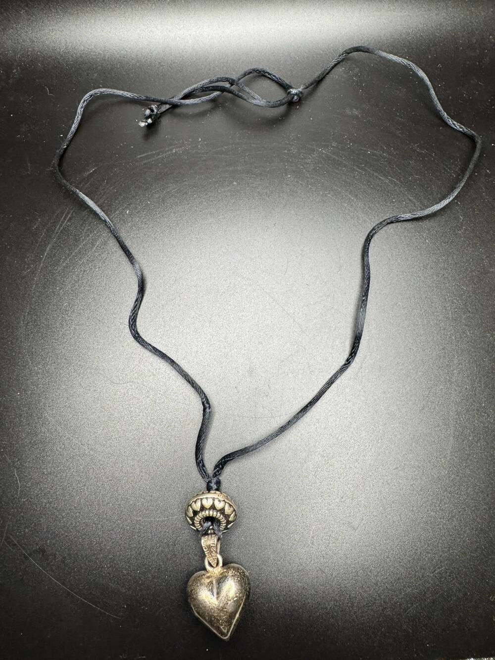 Vintage Mexico 925 Sterling Silver Heart Pendant Necklace Cord Bohemian Style